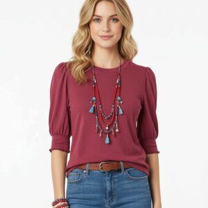 Lucky Brand Women's Maroon Modal Polyester Crewneck Half Sleeve Top Size M
